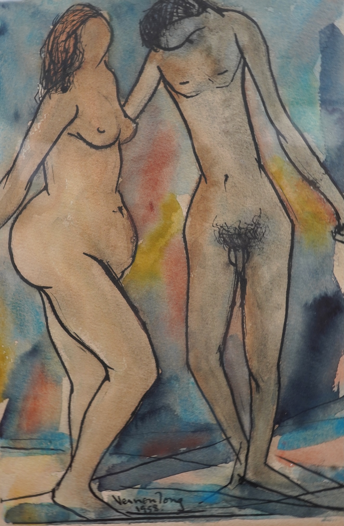 Vernon Long (20th. C), Study of two nude figures, signed and dated 1958, ink and watercolour, 35 x 25cm